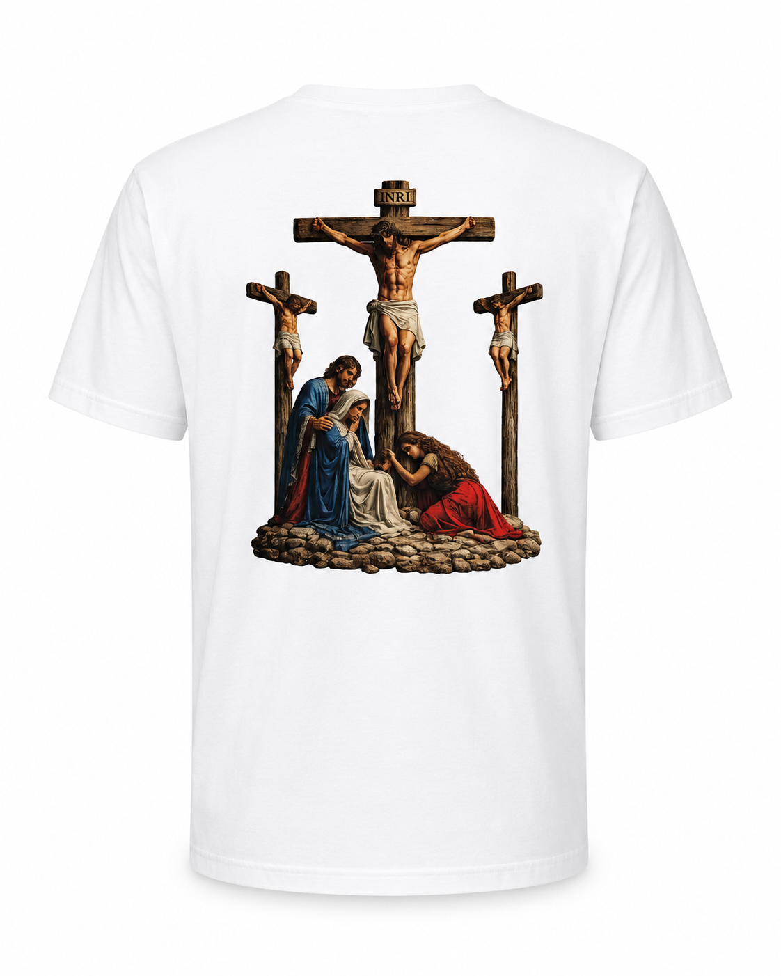 Achterkant van wit LONEPRAYERS T-shirt met grote illustratie van de kruisiging van Jezus op Golgotha.
